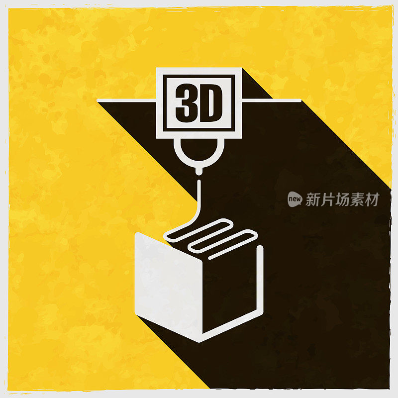 3 d打印机。图标与长阴影的纹理黄色背景